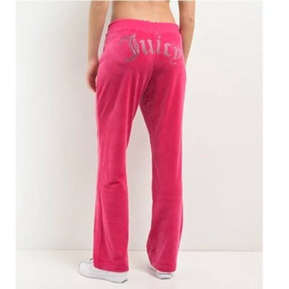 Juicy Couture Pink Velour Track Pants with Rhinestone Big Bling Wide Leg Sz XL - Picture 1 of 10